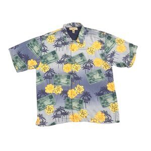 Tommy Bahama Shirt Men Extra Large Blue Floral Silk Camp Button Up Marlin Tiki